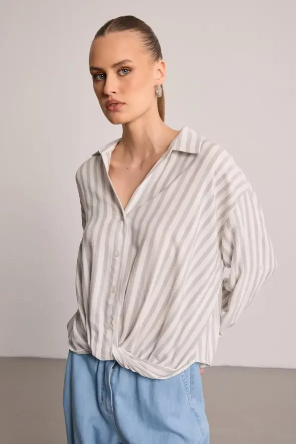 Front-Twisted Striped Shirt - Grey - 3