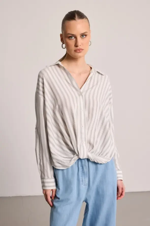 Front-Twisted Striped Shirt - Grey - 4