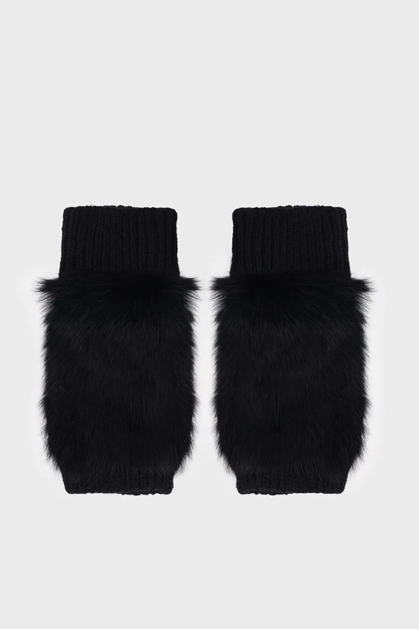 Fur Gloves with Rib Detail - Black - 1