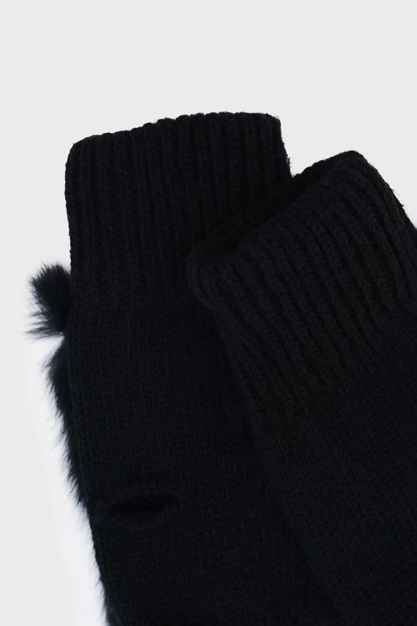 Fur Gloves with Rib Detail - Black - 2