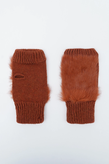 Fur Gloves with Rib Detail - Brick Brick-red