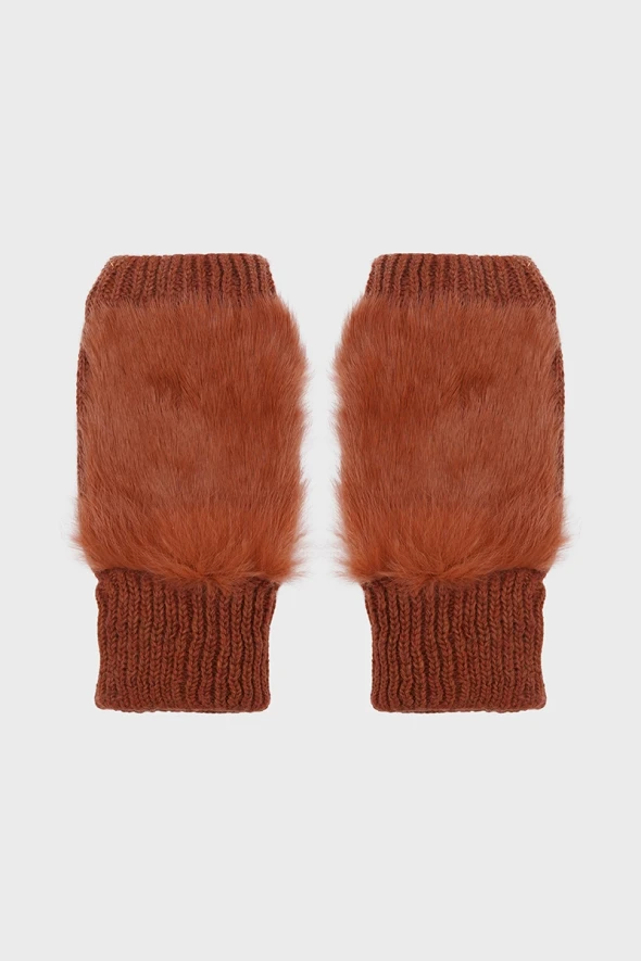 Fur Gloves with Rib Detail - Brick - 3