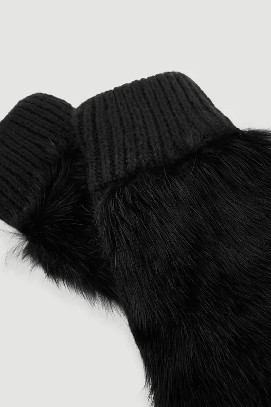 Fur Gloves with Ribbed Detail Black - Gusto