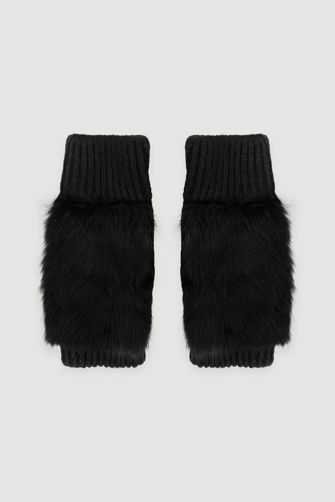 Fur Gloves with Ribbed Detail Black Black