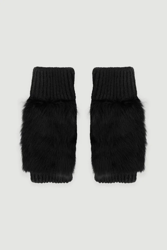 Fur Gloves with Ribbed Detail Black - 1