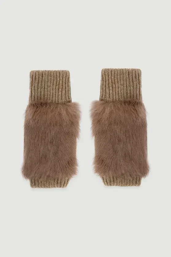 Fur Gloves with Ribbed Detail - Mink - 2