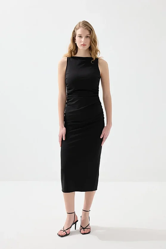 Gathered Boat Neck Long Stretch Evening Dress - Black - Gusto