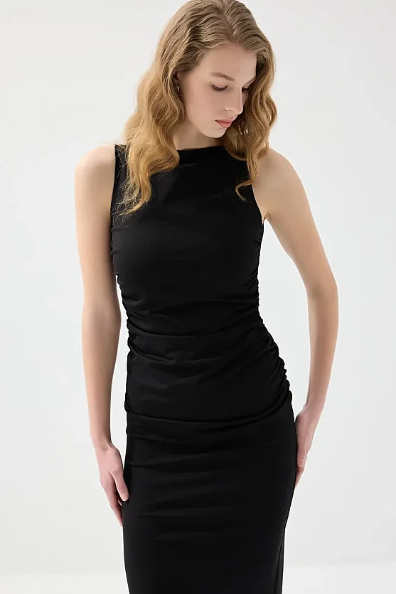 Gathered Boat Neck Long Stretch Evening Dress - Black - Gusto