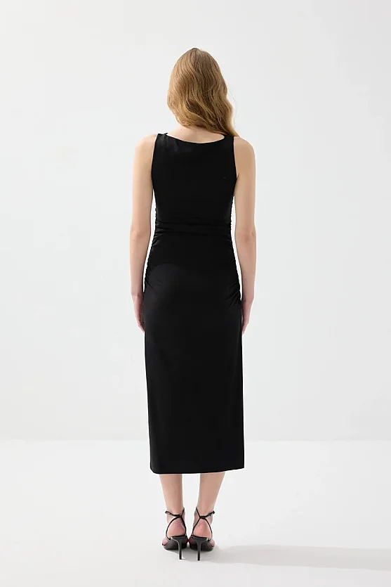 Gathered Boat Neck Long Stretch Evening Dress - Black - Gusto
