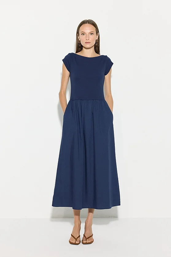 Gathered Cotton Midi Dress - Navy Blue - Gusto