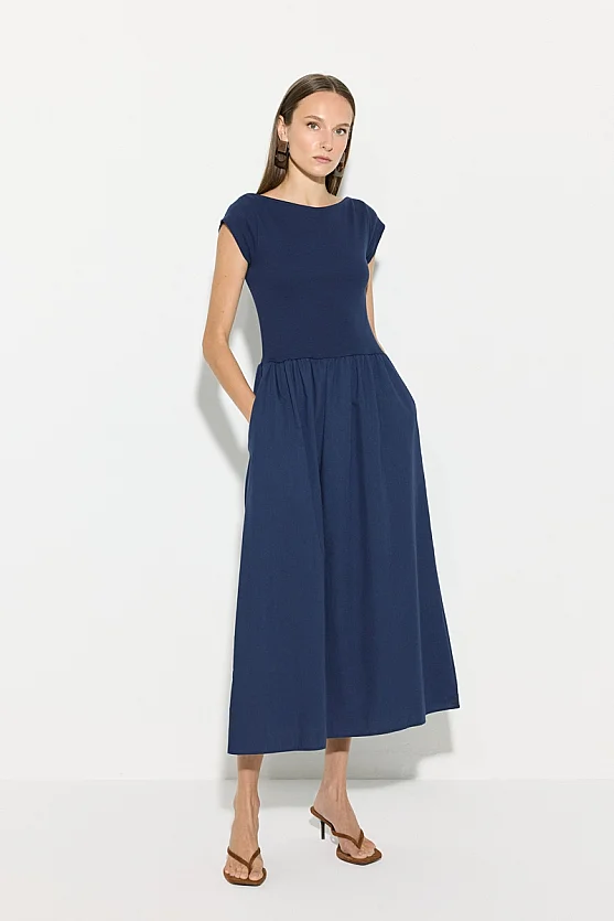 Gathered Cotton Midi Dress - Navy Blue - Gusto