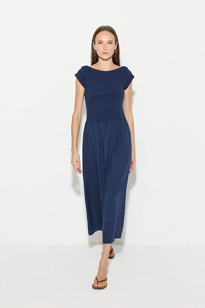 Gathered Cotton Midi Dress - Navy Blue Navy Blue