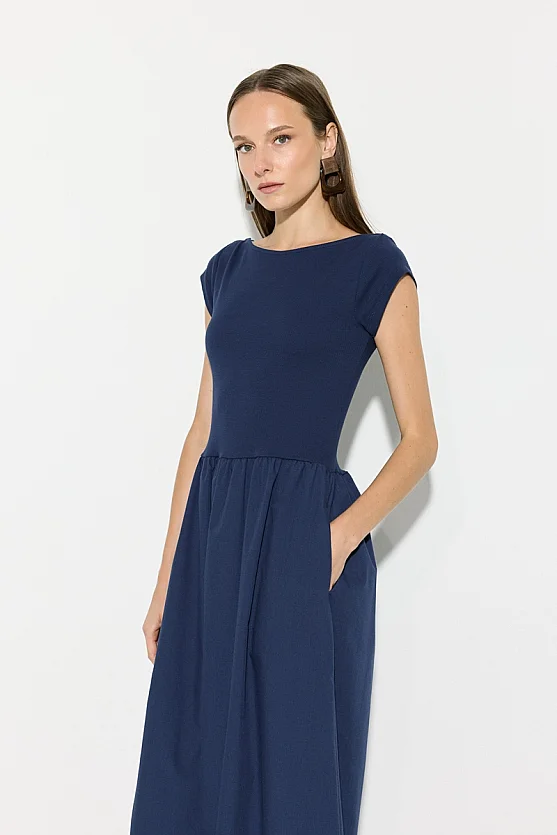 Gathered Cotton Midi Dress - Navy Blue - Gusto