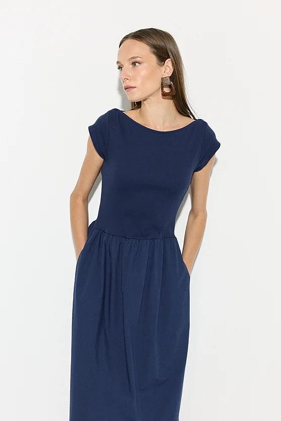 Gathered Cotton Midi Dress - Navy Blue - 5