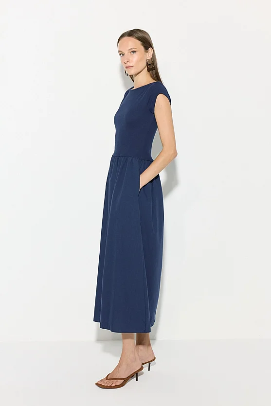 Gathered Cotton Midi Dress - Navy Blue - 6