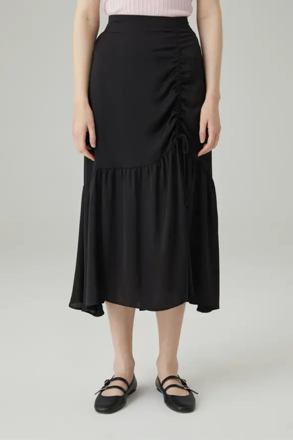 Gathered Long Skirt - Black - 1