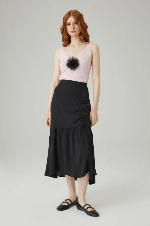 Gathered Long Skirt - Black - 3