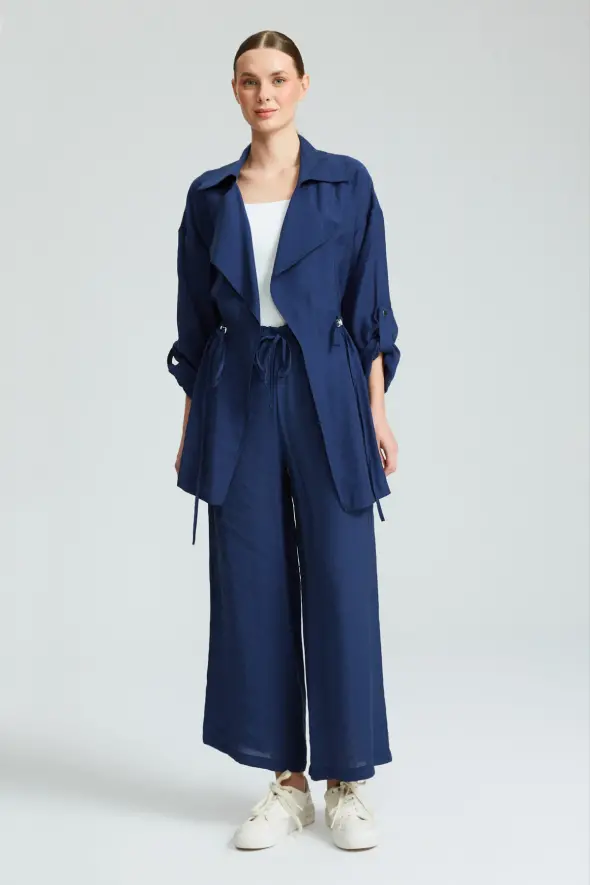 Gathered Relaxed Fit Jacket - Navy Blue - 2