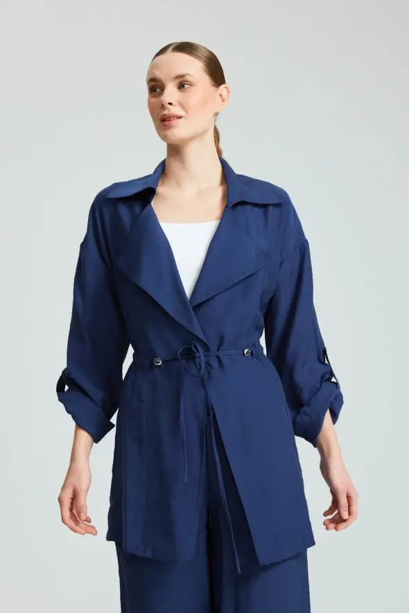 Gathered Relaxed Fit Jacket - Navy Blue - 1