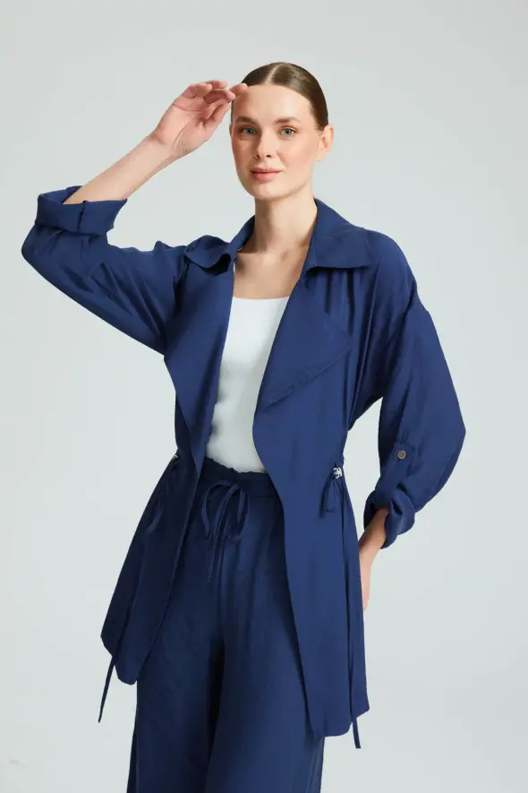 Gathered Relaxed Fit Jacket - Navy Blue - 3