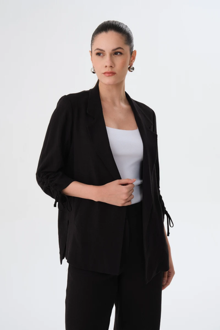 Gathered Sleeve Linen Jacket - Black Black