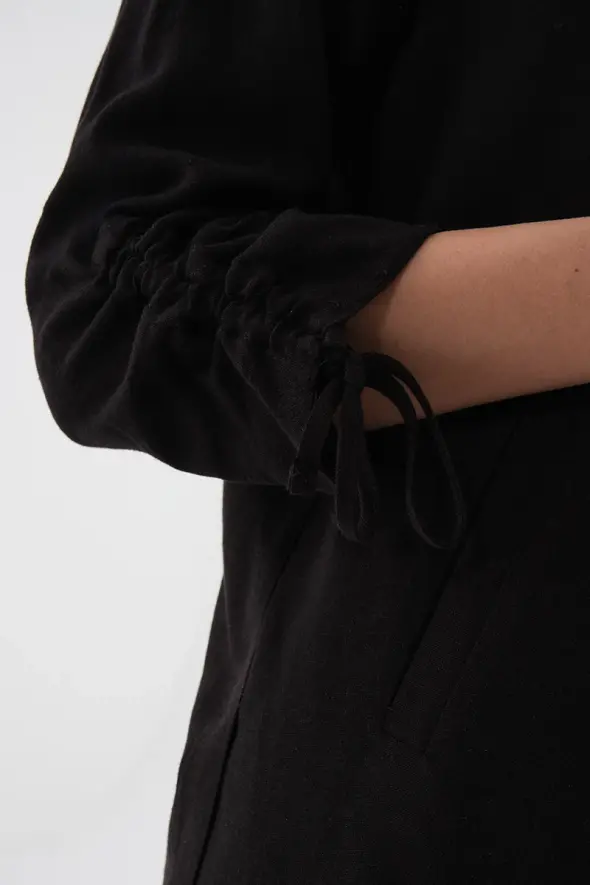 Gathered Sleeve Linen Jacket - Black - 6