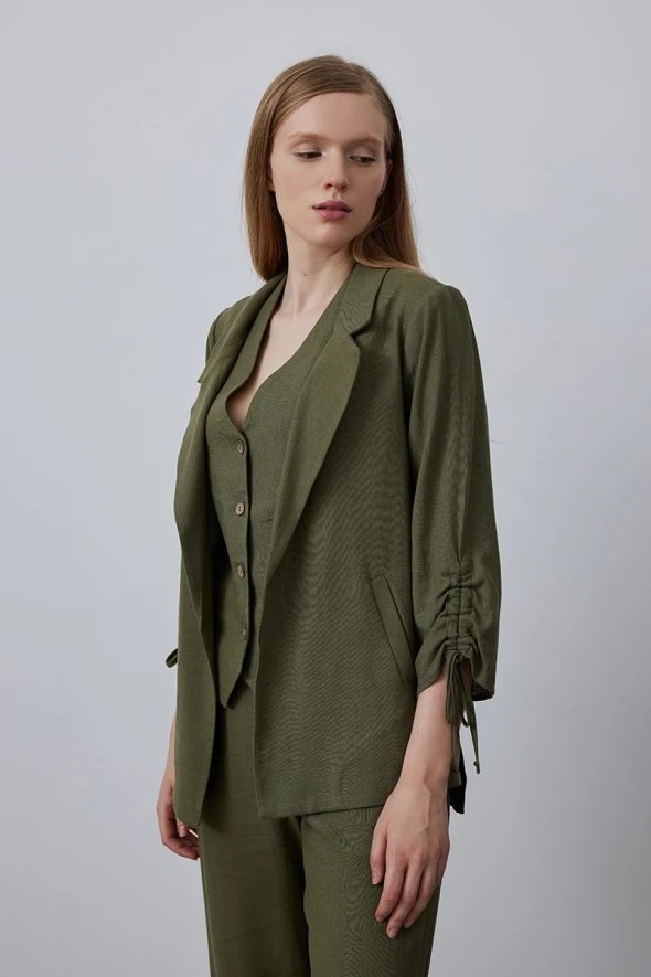 Gathered Sleeve Linen Jacket - Khaki - 1