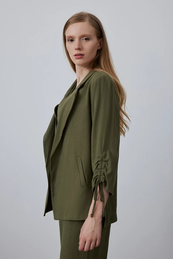 Gathered Sleeve Linen Jacket - Khaki - 6