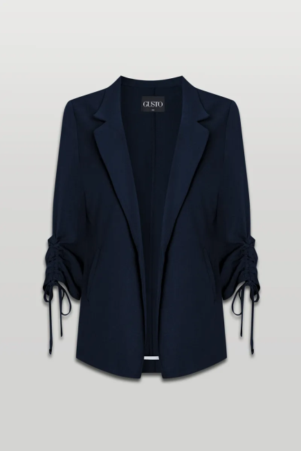 Gathered Sleeve Linen Jacket - Navy Navy Blue