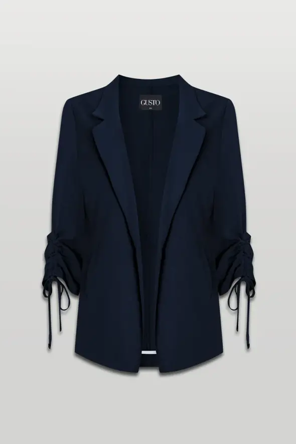 Gathered Sleeve Linen Jacket - Navy - 1