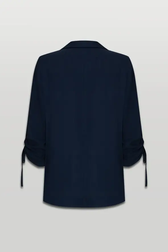 Gathered Sleeve Linen Jacket - Navy - 2