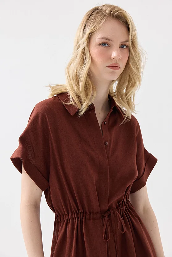 Gathered Waist Linen Shirt Dress - Brick Red - 2