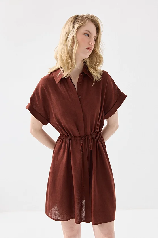 Gathered Waist Linen Shirt Dress - Brick Red - Gusto