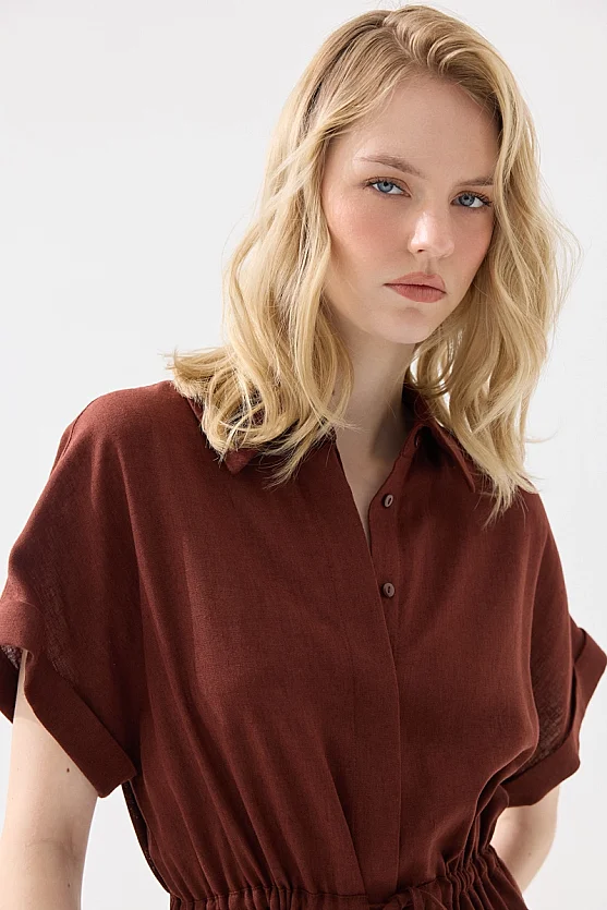 Gathered Waist Linen Shirt Dress - Brick Red - Gusto