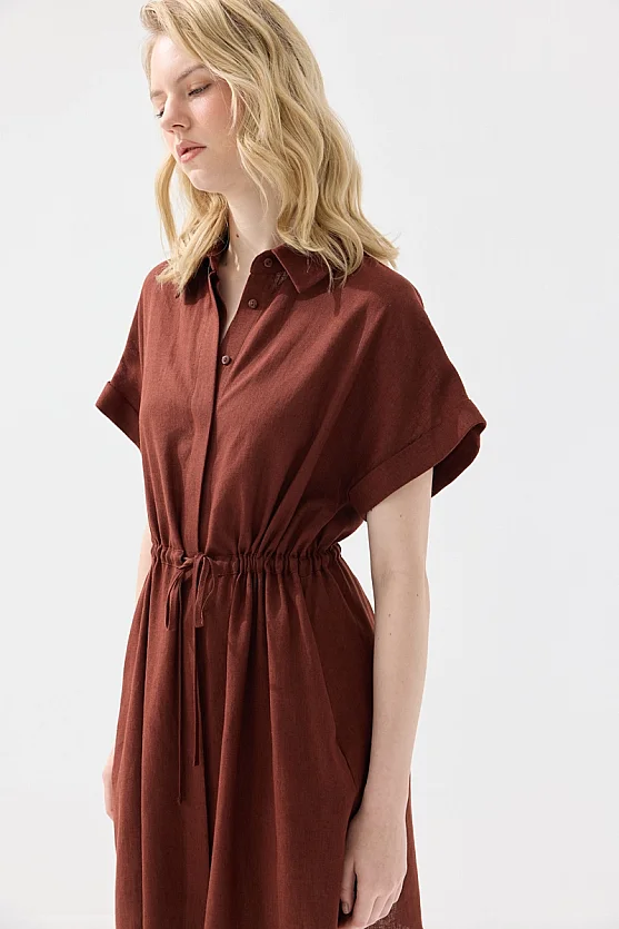 Gathered Waist Linen Shirt Dress - Brick Red - 5