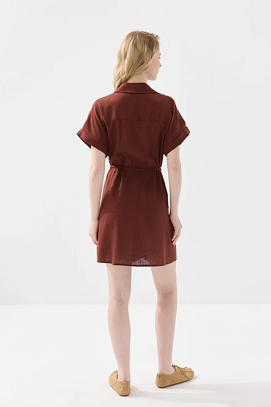 Gathered Waist Linen Shirt Dress - Brick Red - Gusto