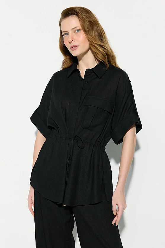Gathered Waist Short Sleeve Linen Shirt - Black - Gusto