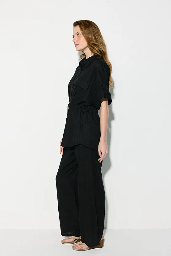Gathered Waist Short Sleeve Linen Shirt - Black - Gusto