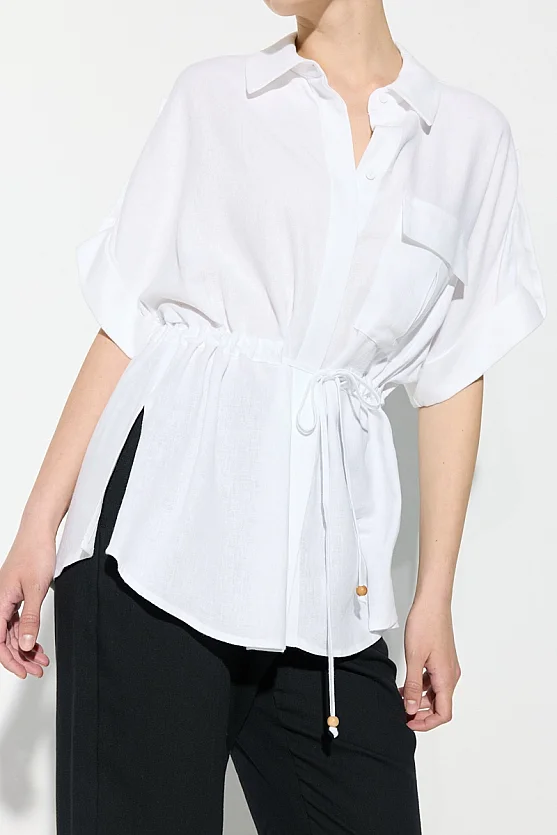 Gathered Waist Short Sleeve Linen Shirt - White - Gusto