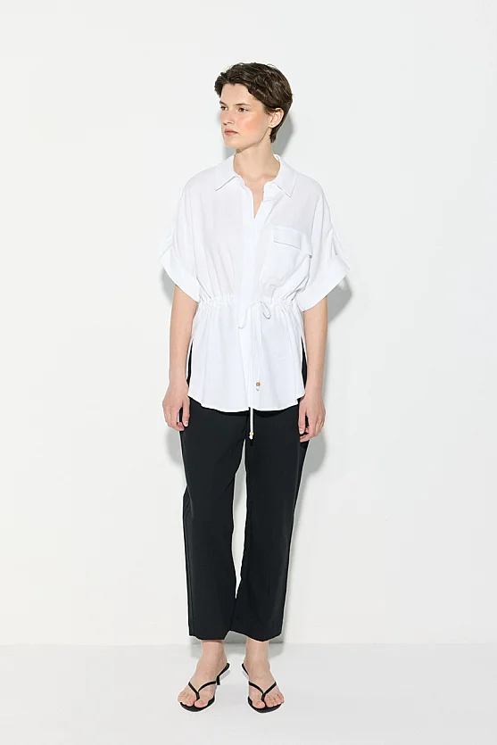 Gathered Waist Short Sleeve Linen Shirt - White - Gusto