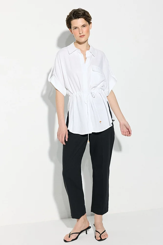 Gathered Waist Short Sleeve Linen Shirt - White White