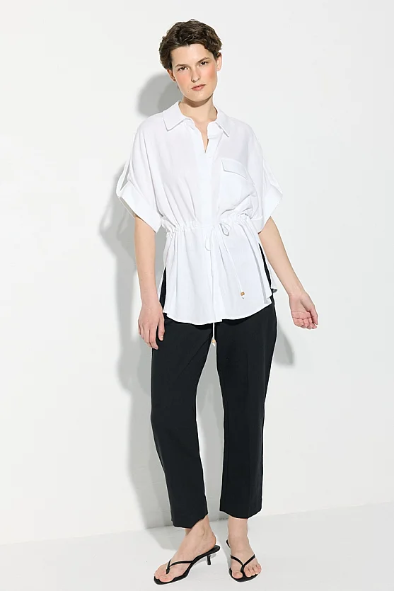Gathered Waist Short Sleeve Linen Shirt - White - Gusto