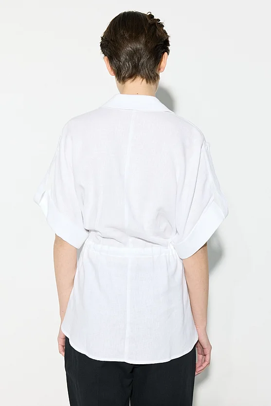 Gathered Waist Short Sleeve Linen Shirt - White - Gusto