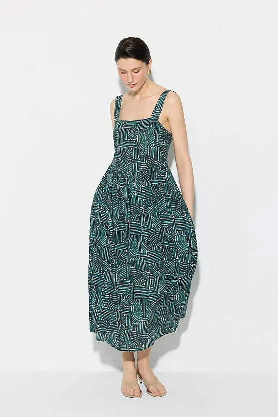 Geometric Pattern Strappy Linen Dress - Green - Gusto