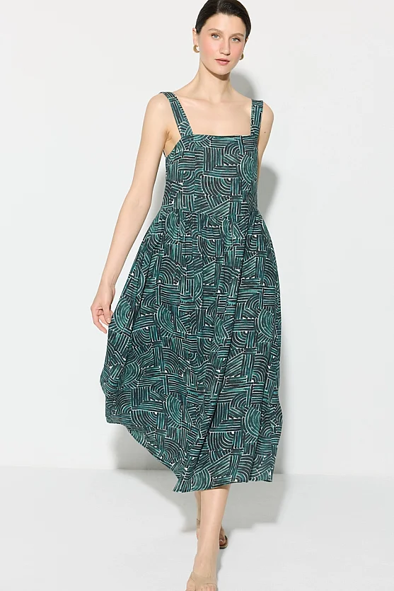 Geometric Pattern Strappy Linen Dress - Green - Gusto