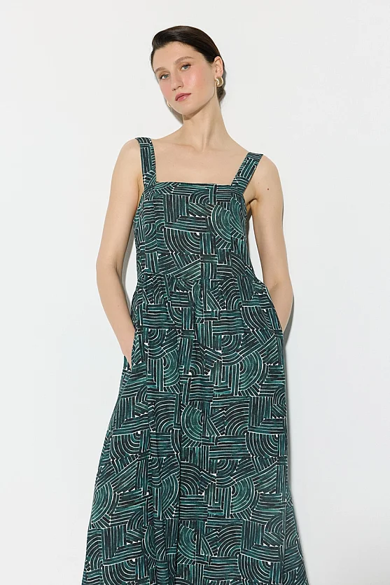 Geometric Pattern Strappy Linen Dress - Green - Gusto