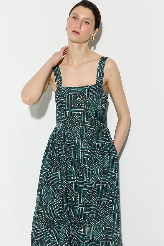 Geometric Pattern Strappy Linen Dress - Green - Gusto