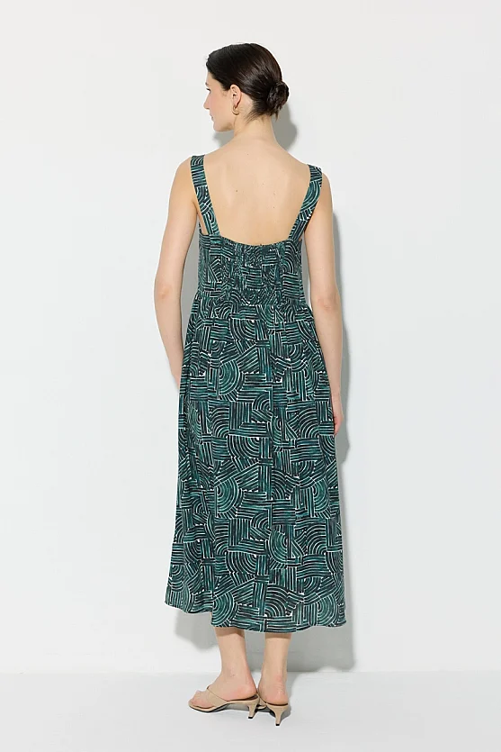 Geometric Pattern Strappy Linen Dress - Green - Gusto
