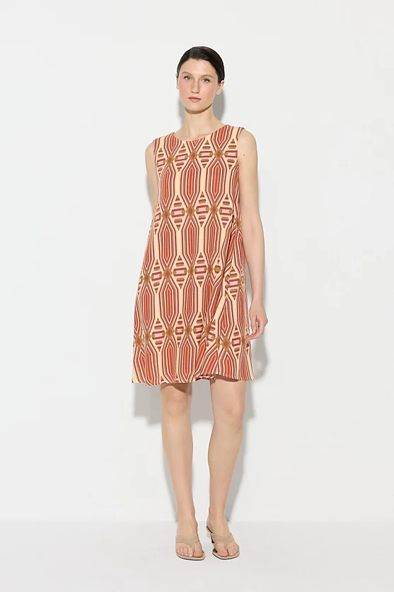 Geometric Pattern Viscose Linen Dress - Pink - Gusto