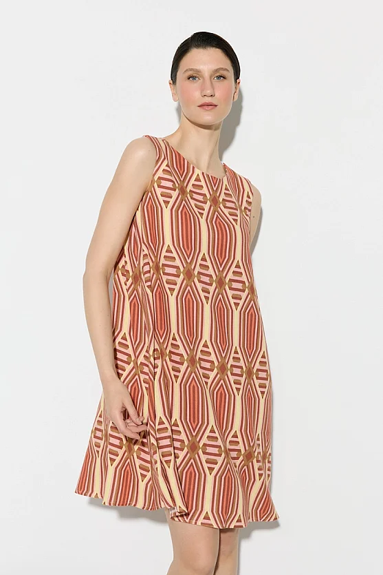 Geometric Pattern Viscose Linen Dress - Pink - Gusto
